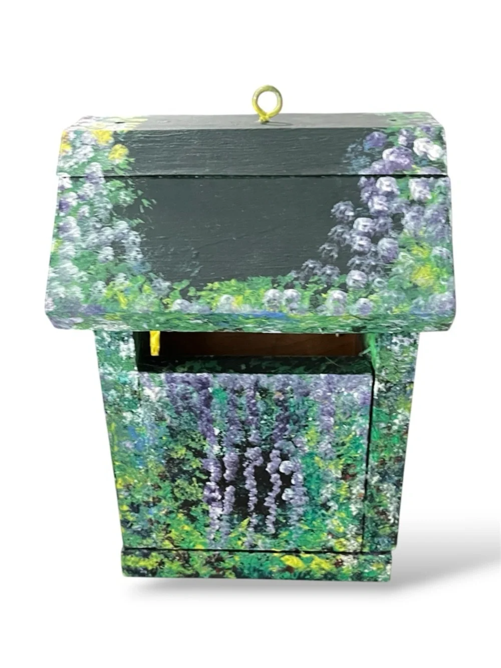 Unique Hand-Painted Floral Wooden Birdhouse - Multi-Color Green & Purple NWT